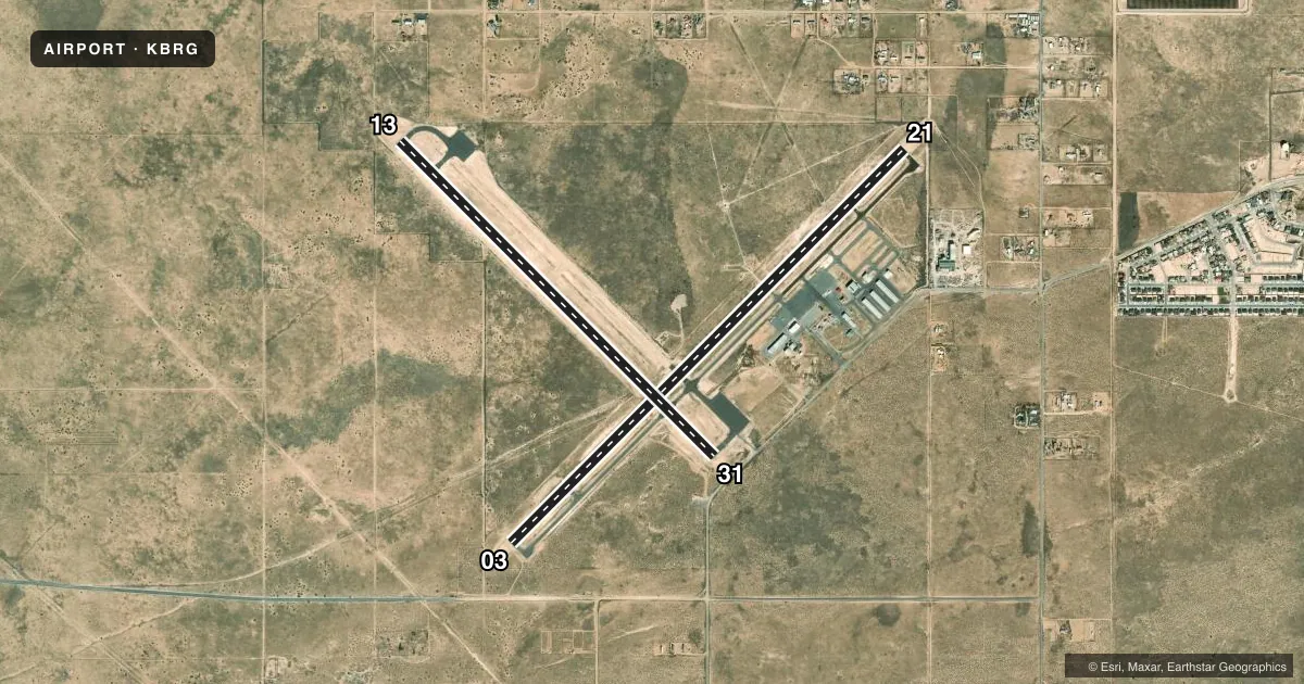 Top-down satellite sketch of KBRG BELEN RGNL in BELEN, NEW MEXICO, showing runways 03/21, 13/31 drawn to scale over Esri World Imagery