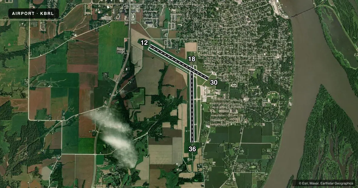 Top-down satellite sketch of KBRL SOUTHEAST IOWA RGNL in BURLINGTON, IOWA, showing runways 18/36, 12/30 drawn to scale over Esri World Imagery