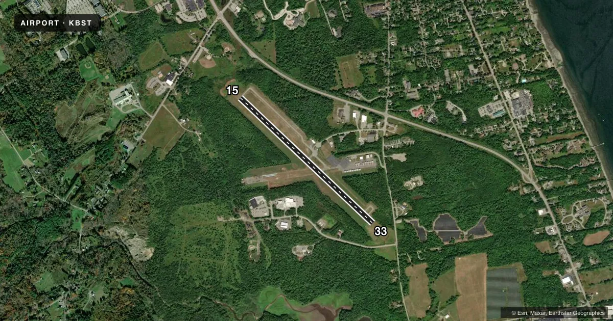 Top-down satellite sketch of KBST BELFAST MUNI in BELFAST, MAINE, showing runways 15/33 drawn to scale over Esri World Imagery