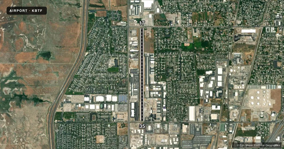 Top-down satellite sketch of KBTF SKYPARK in BOUNTIFUL, UTAH, showing runways 17/35 drawn to scale over Esri World Imagery
