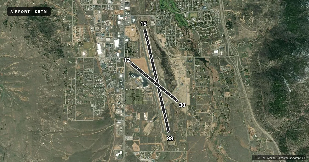 Top-down satellite sketch of KBTM BERT MOONEY in BUTTE, MONTANA, showing runways 15/33, 12/30 drawn to scale over Esri World Imagery