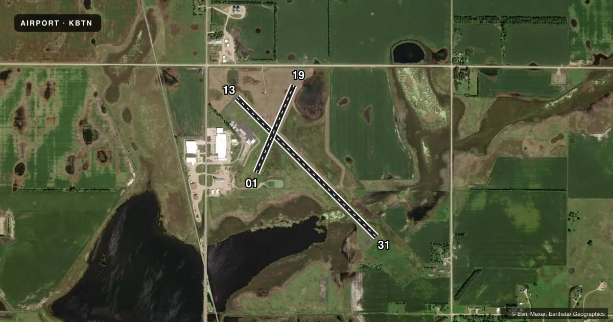 Top-down satellite sketch of KBTN BRITTON MUNI in BRITTON, SOUTH DAKOTA, showing runways 13/31, 01/19 drawn to scale over Esri World Imagery