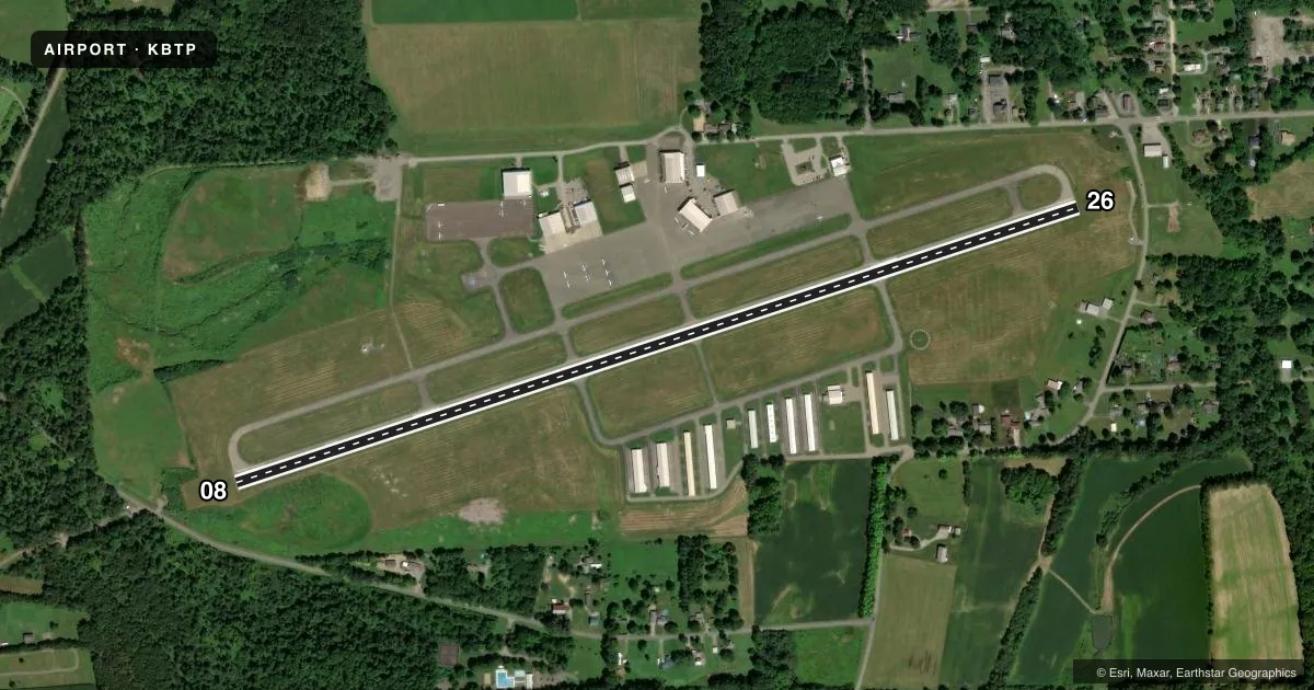 Top-down satellite sketch of KBTP PITTSBURGH/BUTLER RGNL in BUTLER, PENNSYLVANIA, showing runways 08/26 drawn to scale over Esri World Imagery