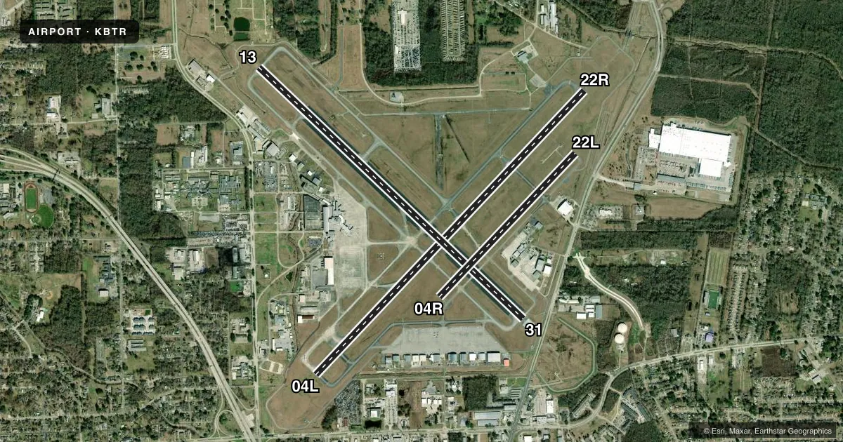Top-down satellite sketch of KBTR BATON ROUGE METRO, RYAN FLD in BATON ROUGE, LOUISIANA, showing runways 04L/22R, 13/31, 04R/22L drawn to scale over Esri World Imagery