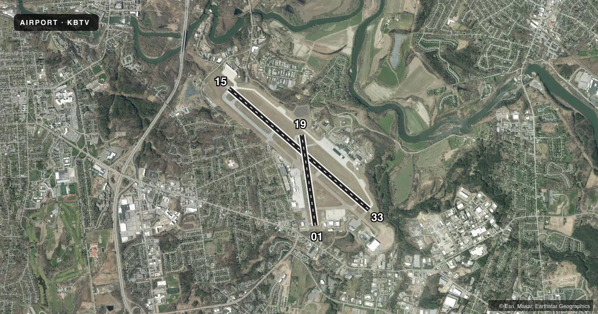 Top-down satellite sketch of KBTV PATRICK LEAHY BURLINGTON INTL in BURLINGTON, VERMONT, showing runways 15/33, 01/19 drawn to scale over Esri World Imagery