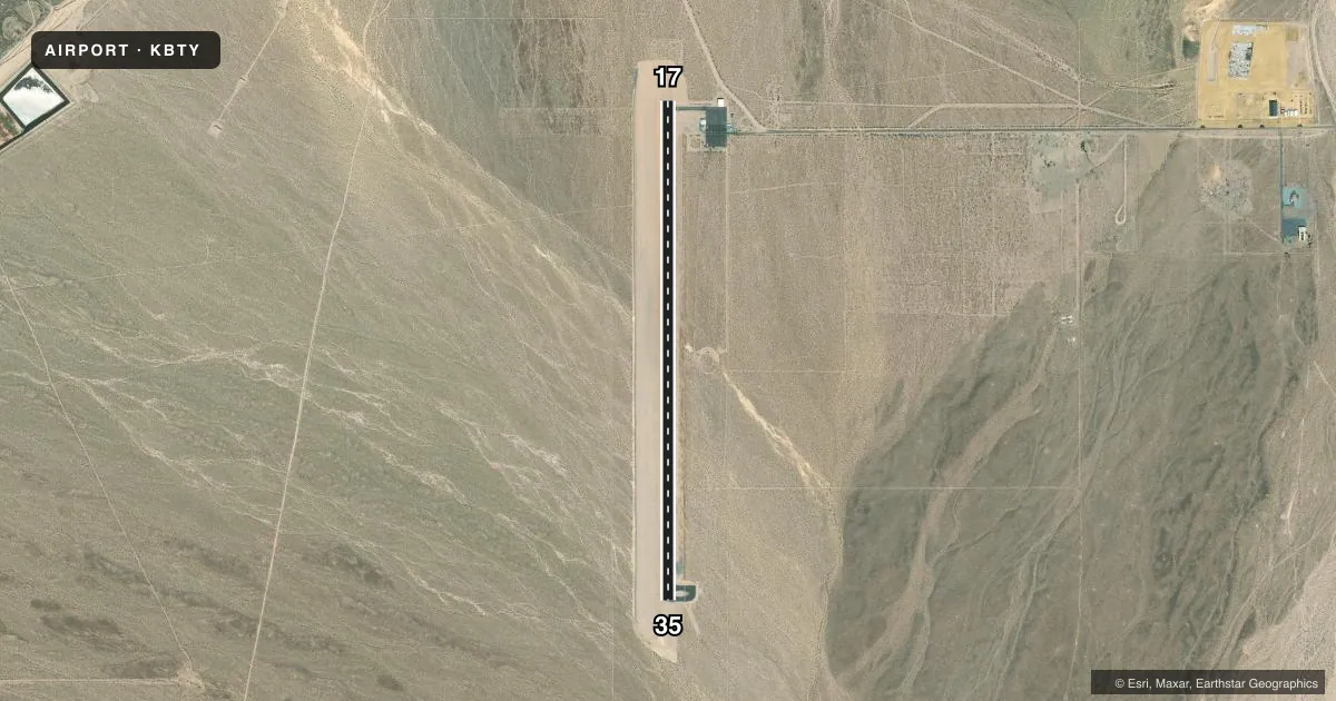 Top-down satellite sketch of KBTY BEATTY in BEATTY, NEVADA, showing runways 17/35 drawn to scale over Esri World Imagery