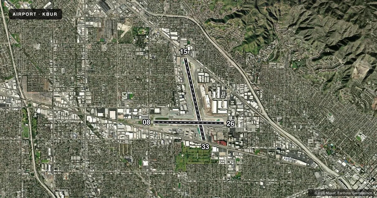 Top-down satellite sketch of KBUR BOB HOPE in BURBANK, CALIFORNIA, showing runways 15/33, 08/26 drawn to scale over Esri World Imagery