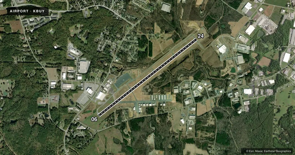 Top-down satellite sketch of KBUY BURLINGTON/ALAMANCE RGNL in BURLINGTON, NORTH CAROLINA, showing runways 06/24 drawn to scale over Esri World Imagery