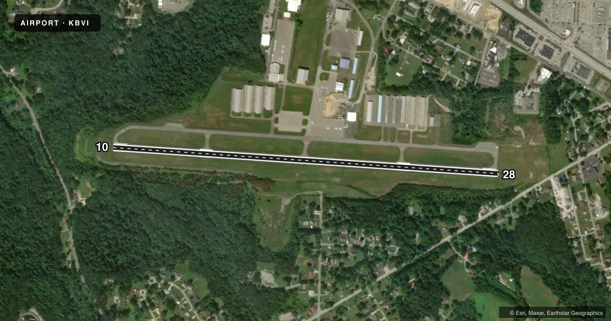 Top-down satellite sketch of KBVI BEAVER COUNTY in BEAVER FALLS, PENNSYLVANIA, showing runways 10/28 drawn to scale over Esri World Imagery
