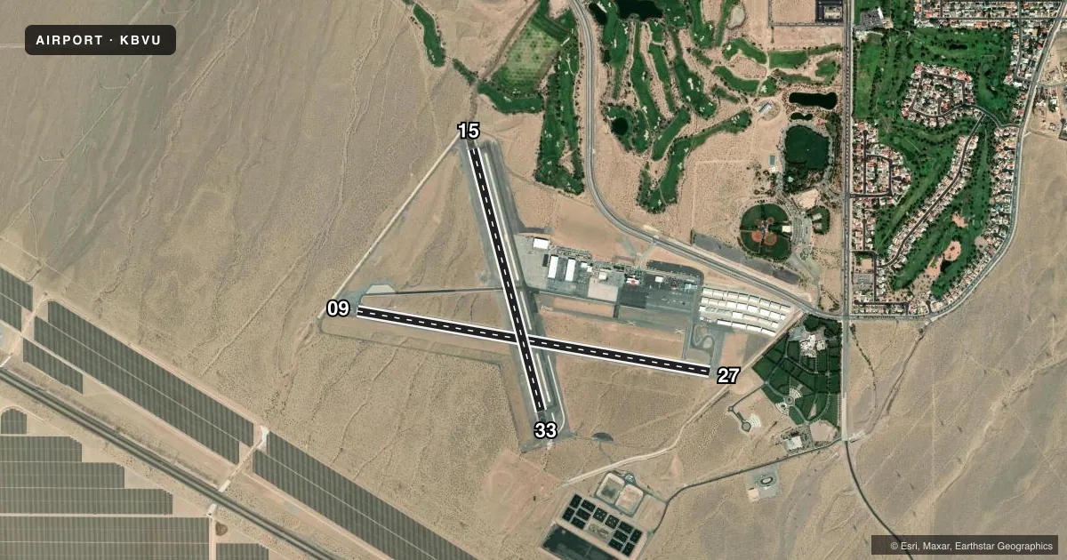 Top-down satellite sketch of KBVU BOULDER CITY MUNI in BOULDER CITY, NEVADA, showing runways 09/27, 15/33 drawn to scale over Esri World Imagery
