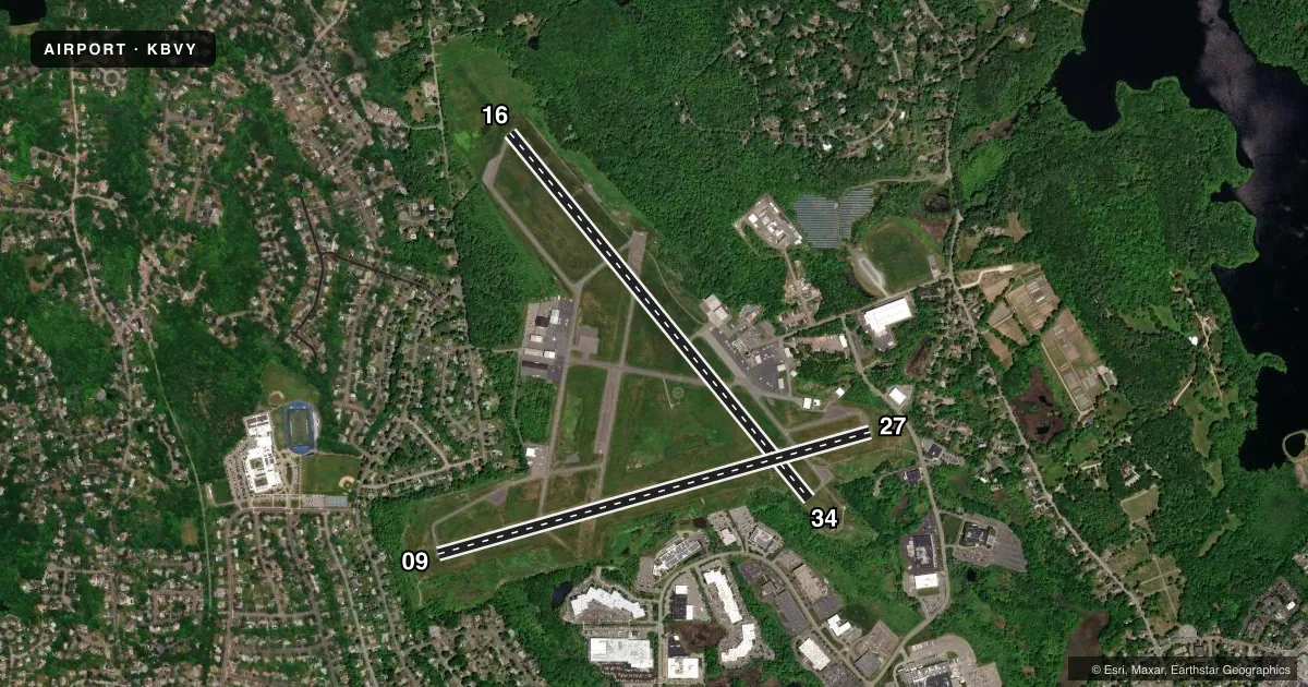 Top-down satellite sketch of KBVY BEVERLY RGNL in BEVERLY, MASSACHUSETTS, showing runways 16/34, 09/27 drawn to scale over Esri World Imagery