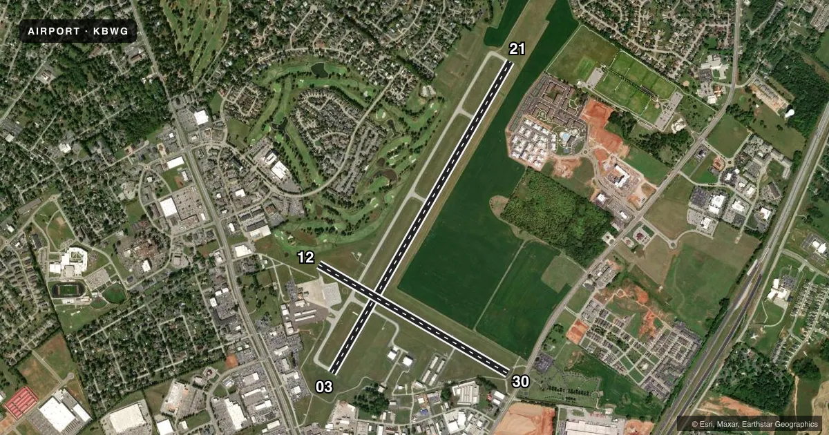 Top-down satellite sketch of KBWG BOWLING GREEN-WARREN COUNTY RGNL in BOWLING GREEN, KENTUCKY, showing runways 03/21, 12/30 drawn to scale over Esri World Imagery