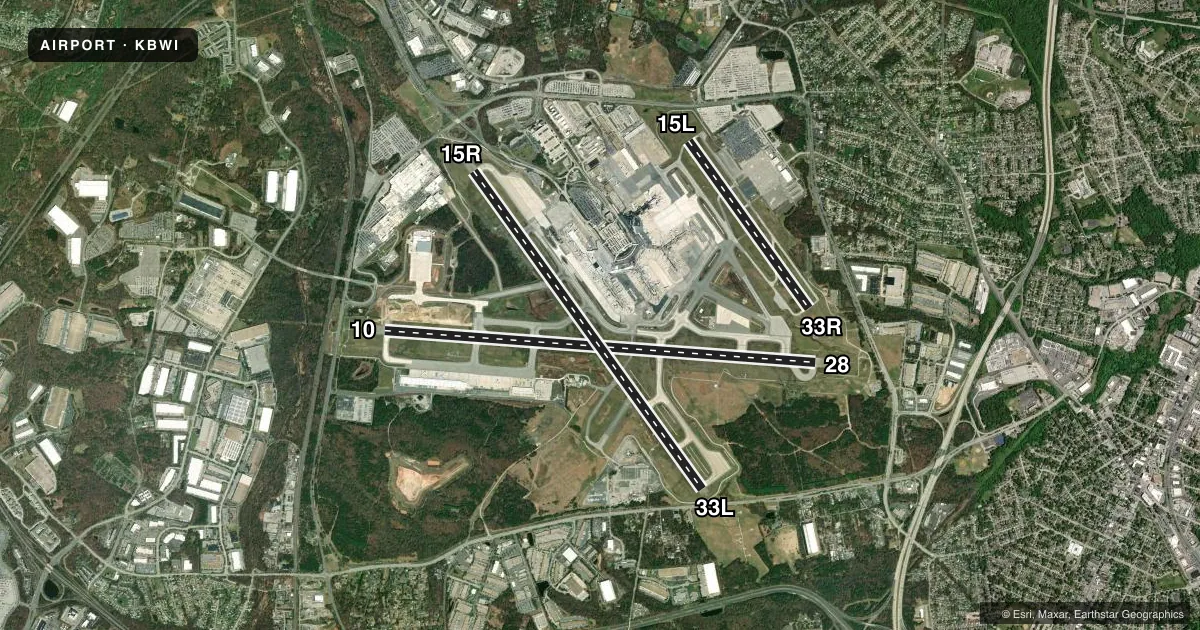 Top-down satellite sketch of KBWI BALTIMORE/WASHINGTON INTL THURGOOD MARSHALL in BALTIMORE, MARYLAND, showing runways 10/28, 15R/33L, 15L/33R drawn to scale over Esri World Imagery
