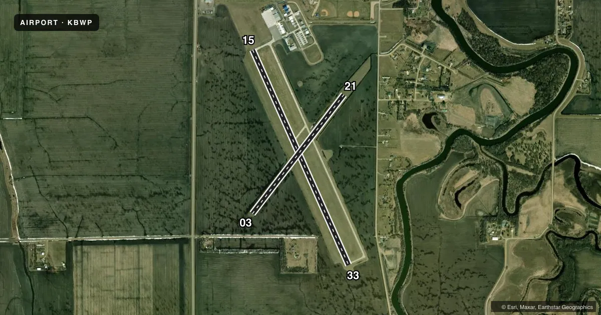 Top-down satellite sketch of KBWP HARRY STERN in WAHPETON, NORTH DAKOTA, showing runways 15/33, 03/21 drawn to scale over Esri World Imagery