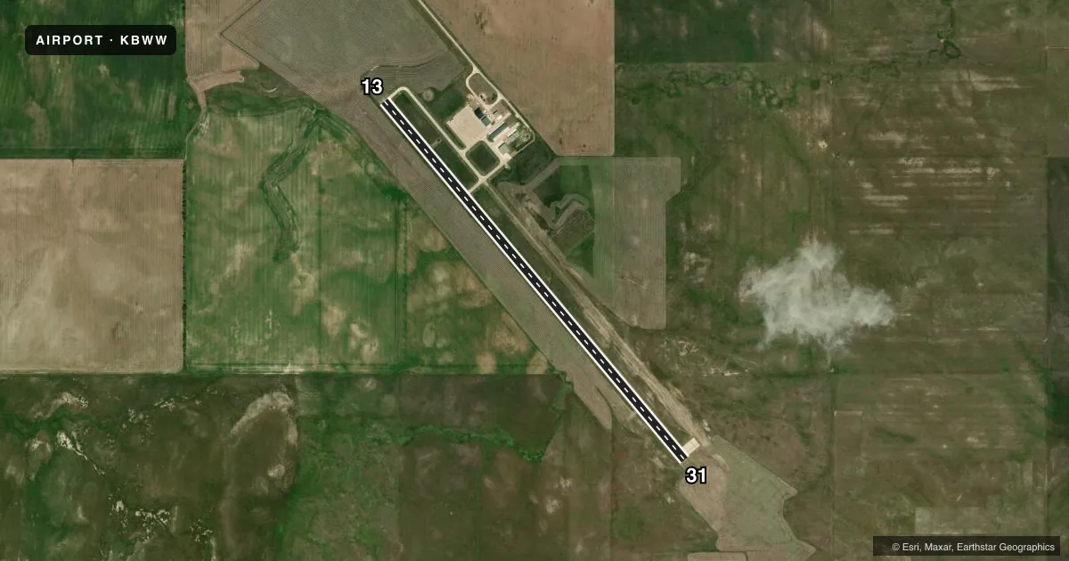 Top-down satellite sketch of KBWW BOWMAN RGNL in BOWMAN, NORTH DAKOTA, showing runways 13/31 drawn to scale over Esri World Imagery