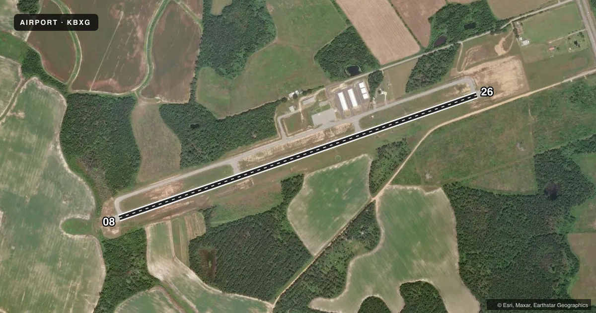 Top-down satellite sketch of KBXG BURKE COUNTY in WAYNESBORO, GEORGIA, showing runways 08/26 drawn to scale over Esri World Imagery