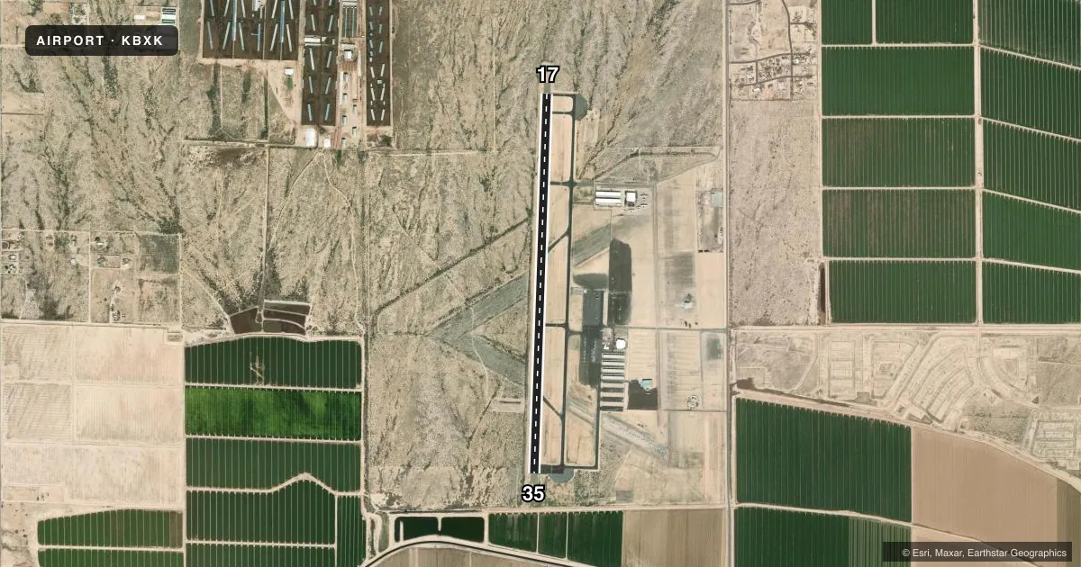 Top-down satellite sketch of KBXK BUCKEYE MUNI in BUCKEYE, ARIZONA, showing runways 17/35 drawn to scale over Esri World Imagery