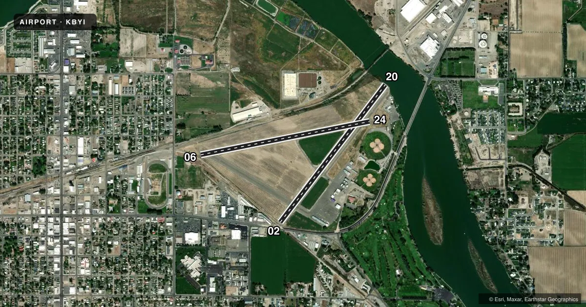 Top-down satellite sketch of KBYI BURLEY MUNI in BURLEY, IDAHO, showing runways 02/20, 06/24 drawn to scale over Esri World Imagery