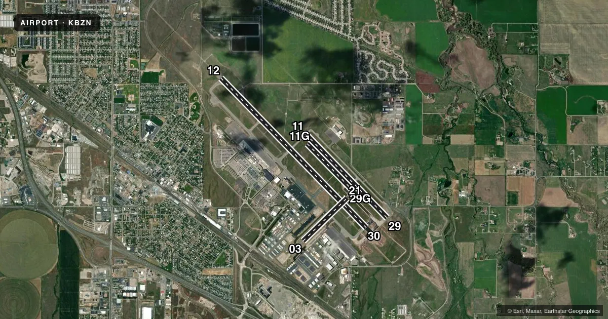 Top-down satellite sketch of KBZN BOZEMAN YELLOWSTONE INTL in BOZEMAN, MONTANA, showing runways 12/30, 11/29, 11G/29G, 03/21 drawn to scale over Esri World Imagery
