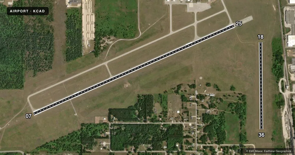 Top-down satellite sketch of KCAD WEXFORD COUNTY in CADILLAC, MICHIGAN, showing runways 07/25, 18/36 drawn to scale over Esri World Imagery