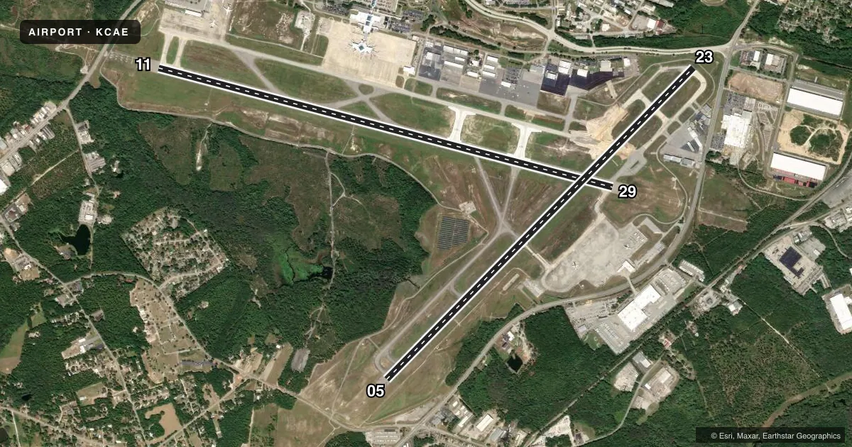 Top-down satellite sketch of KCAE COLUMBIA METRO in COLUMBIA, SOUTH CAROLINA, showing runways 11/29, 05/23 drawn to scale over Esri World Imagery