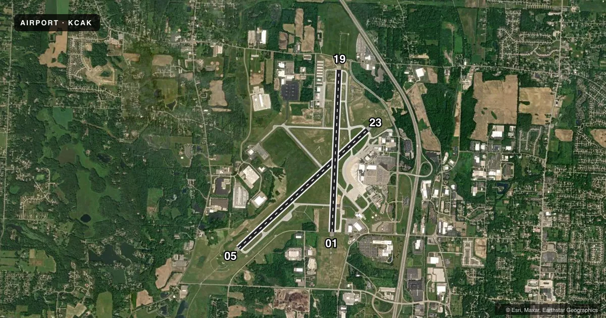 Top-down satellite sketch of KCAK AKRON-CANTON RGNL in AKRON, OHIO, showing runways 05/23, 01/19 drawn to scale over Esri World Imagery