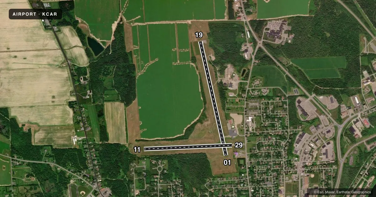 Top-down satellite sketch of KCAR CARIBOU MUNI in CARIBOU, MAINE, showing runways 01/19, 11/29 drawn to scale over Esri World Imagery