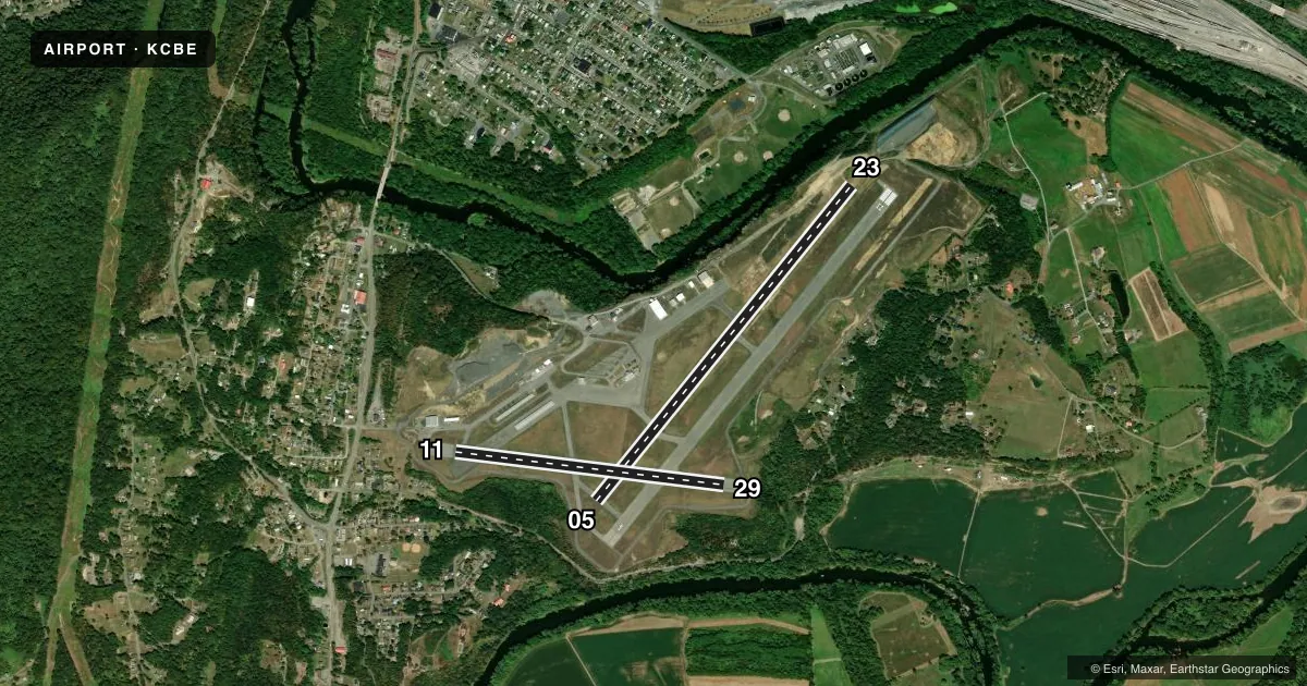 Top-down satellite sketch of KCBE GREATER CUMBERLAND RGNL in CUMBERLAND, MARYLAND, showing runways 05/23, 11/29 drawn to scale over Esri World Imagery