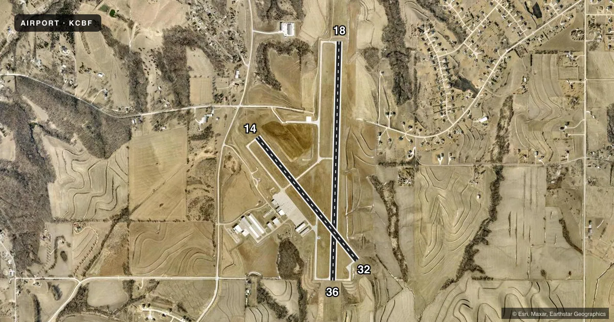 Top-down satellite sketch of KCBF COUNCIL BLUFFS MUNI in COUNCIL BLUFFS, IOWA, showing runways 18/36, 14/32 drawn to scale over Esri World Imagery