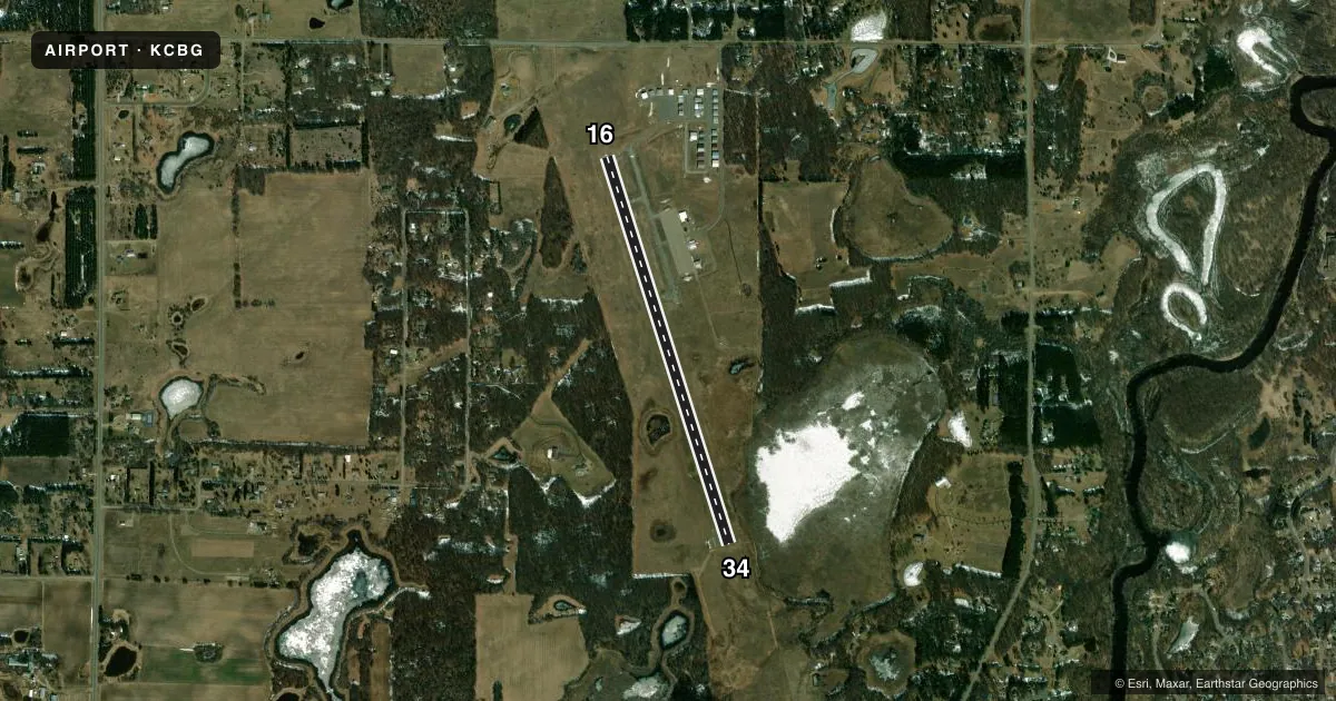 Top-down satellite sketch of KCBG CAMBRIDGE MUNI in CAMBRIDGE, MINNESOTA, showing runways 16/34 drawn to scale over Esri World Imagery