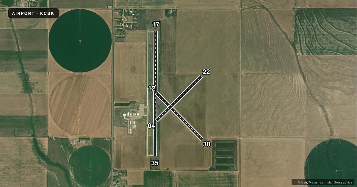 Top-down satellite sketch of KCBK SHALZ FLD in COLBY, KANSAS, showing runways 17/35, 12/30, 04/22 drawn to scale over Esri World Imagery