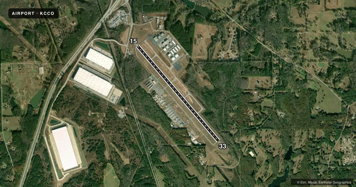 Top-down satellite sketch of KCCO NEWNAN COWETA COUNTY in ATLANTA, GEORGIA, showing runways 15/33 drawn to scale over Esri World Imagery