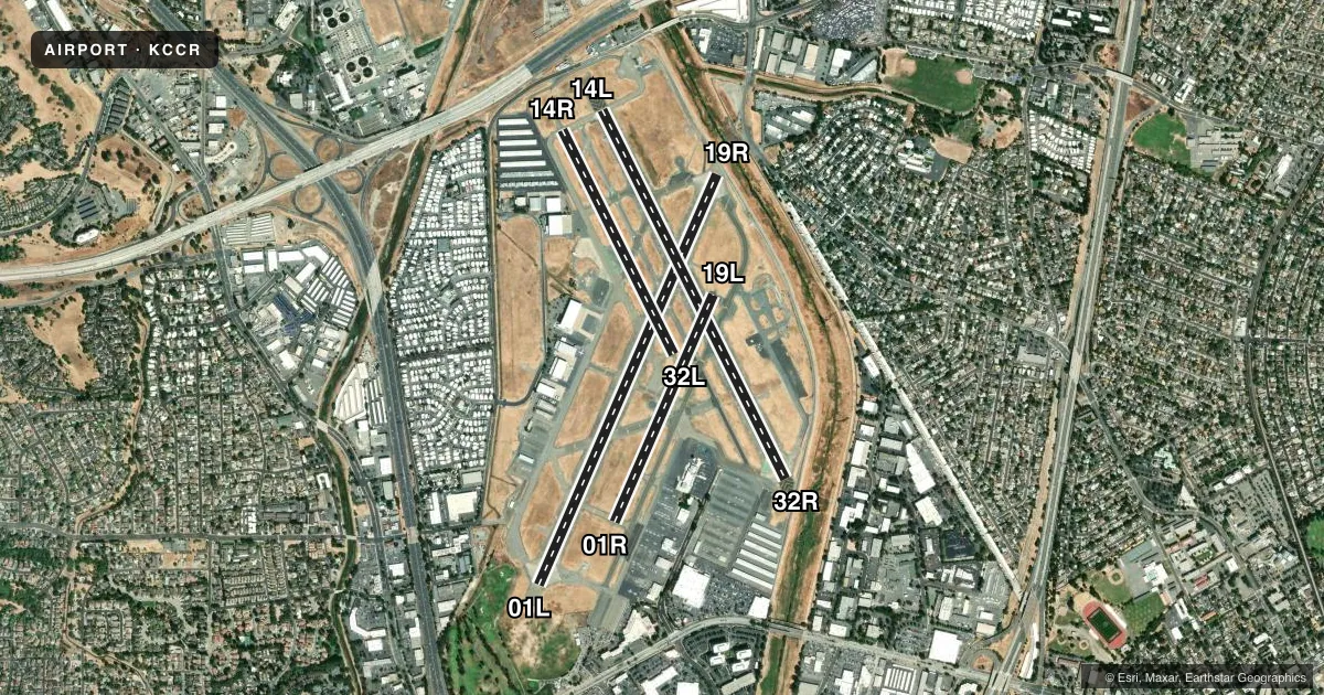 Top-down satellite sketch of KCCR BUCHANAN FLD in CONCORD, CALIFORNIA, showing runways 01L/19R, 14L/32R, 14R/32L, 01R/19L drawn to scale over Esri World Imagery