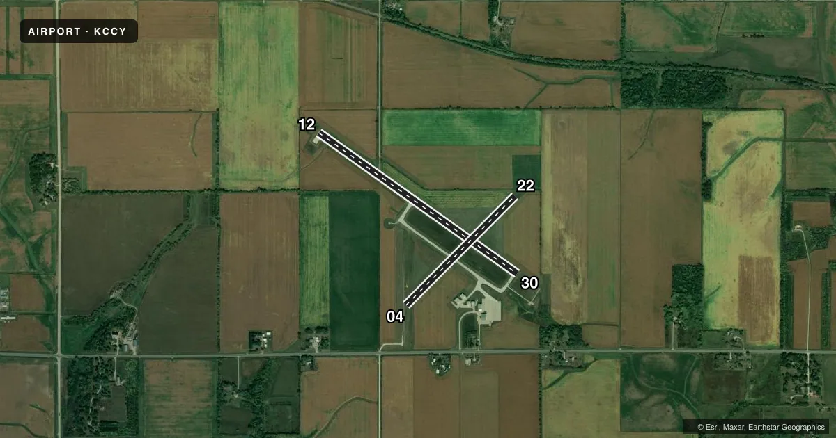 Top-down satellite sketch of KCCY NORTHEAST IOWA RGNL in CHARLES CITY, IOWA, showing runways 12/30, 04/22 drawn to scale over Esri World Imagery