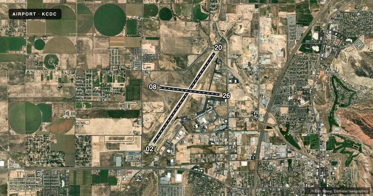 Top-down satellite sketch of KCDC CEDAR CITY RGNL in CEDAR CITY, UTAH, showing runways 02/20, 08/26 drawn to scale over Esri World Imagery