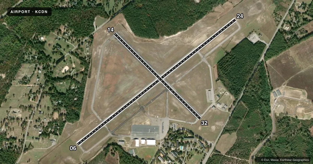 Top-down satellite sketch of KCDN WOODWARD FLD in CAMDEN, SOUTH CAROLINA, showing runways 06/24, 14/32 drawn to scale over Esri World Imagery