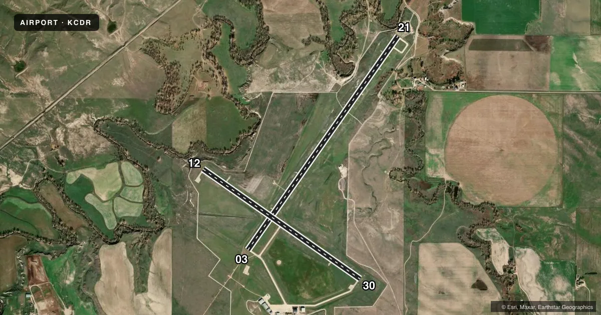 Top-down satellite sketch of KCDR CHADRON MUNI in CHADRON, NEBRASKA, showing runways 03/21, 12/30 drawn to scale over Esri World Imagery
