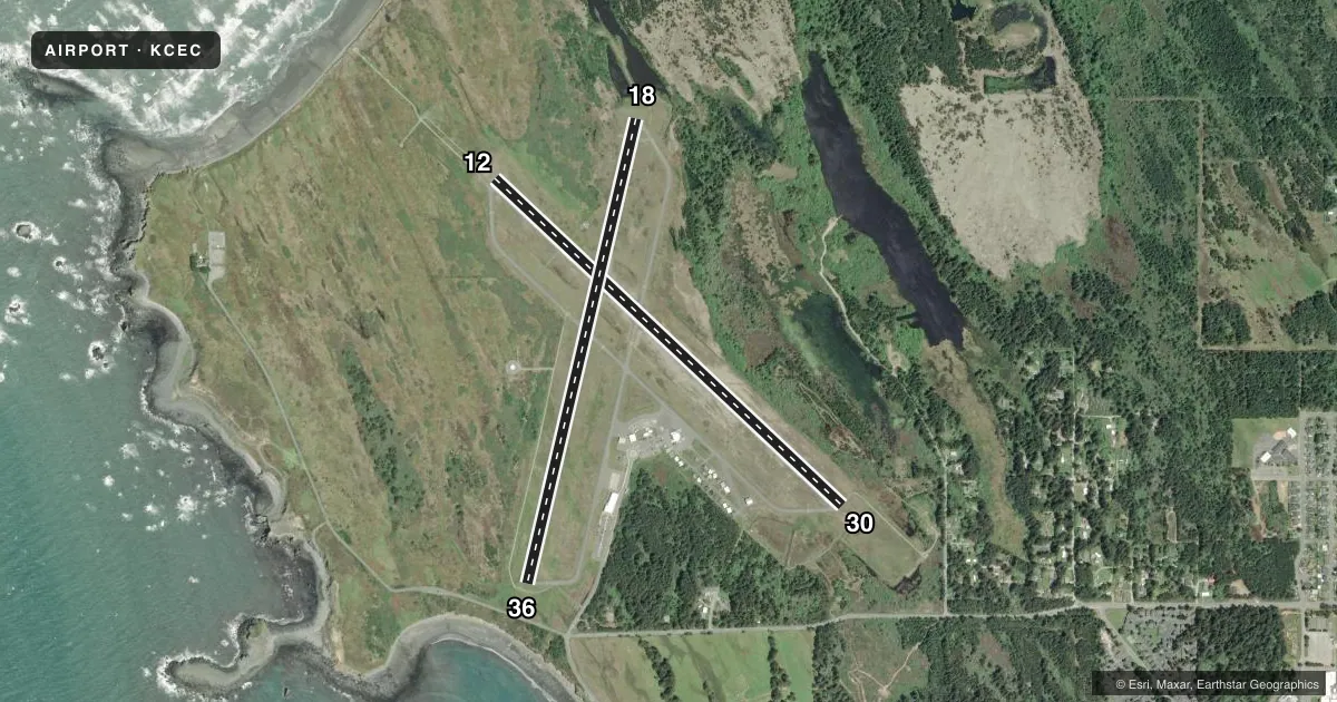 Top-down satellite sketch of KCEC JACK MC NAMARA FLD in CRESCENT CITY, CALIFORNIA, showing runways 12/30, 18/36 drawn to scale over Esri World Imagery