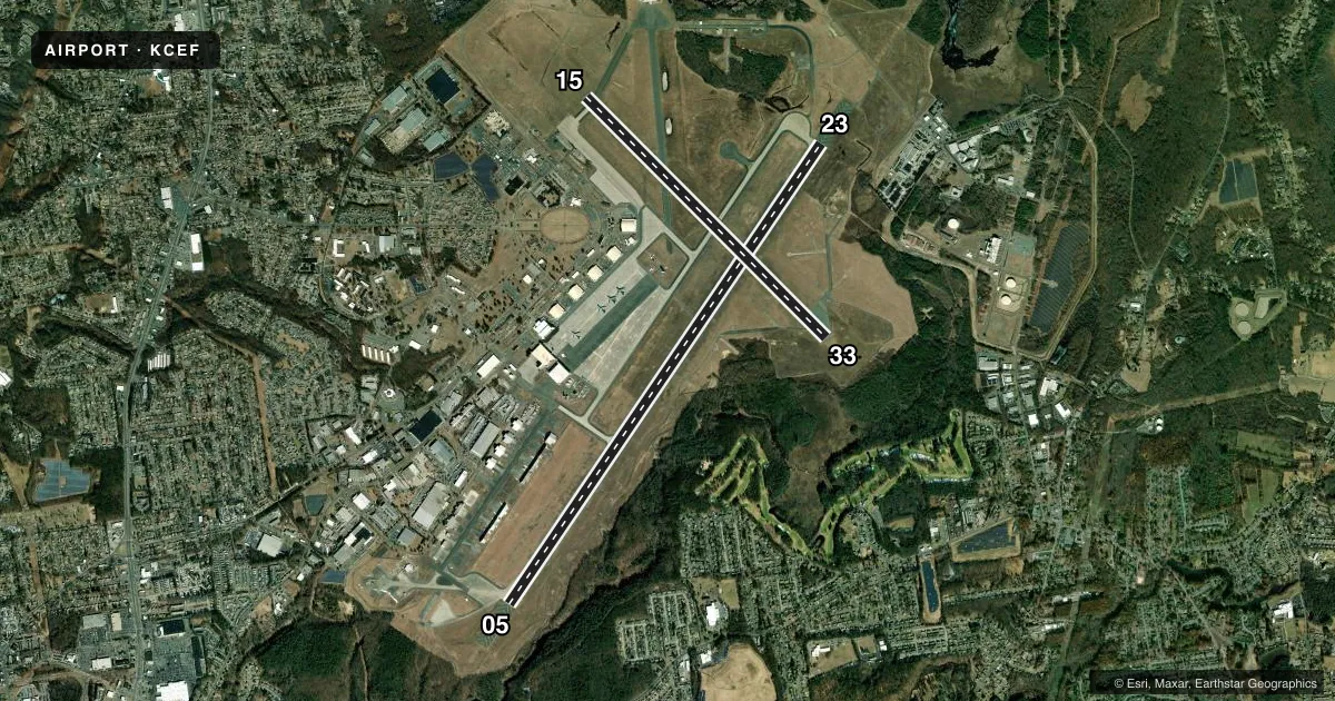 Top-down satellite sketch of KCEF WESTOVER ARB/METRO in SPRINGFIELD/CHICOPEE, MASSACHUSETTS, showing runways 05/23, 15/33 drawn to scale over Esri World Imagery