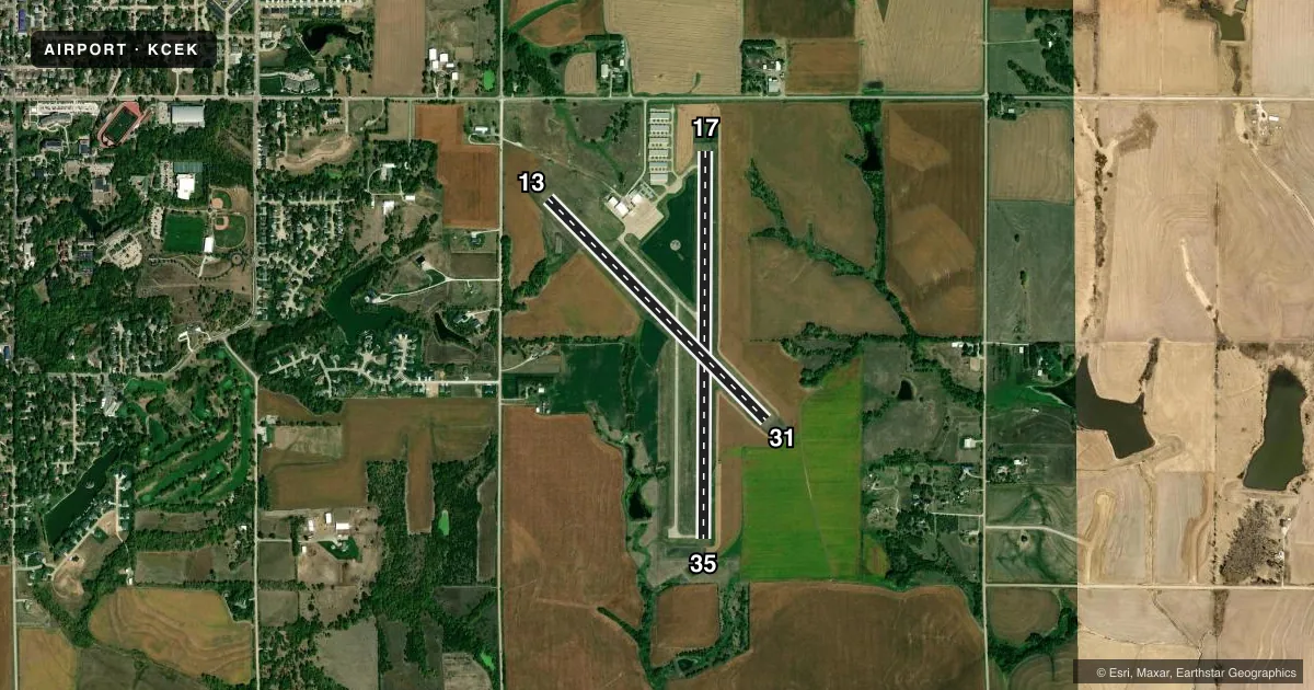 Top-down satellite sketch of KCEK CRETE MUNI in CRETE, NEBRASKA, showing runways 17/35, 13/31 drawn to scale over Esri World Imagery