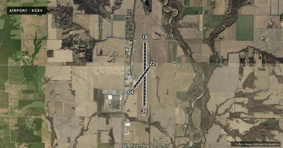 Top-down satellite sketch of KCEV METTEL FLD in CONNERSVILLE, INDIANA, showing runways 18/36, 04/22 drawn to scale over Esri World Imagery