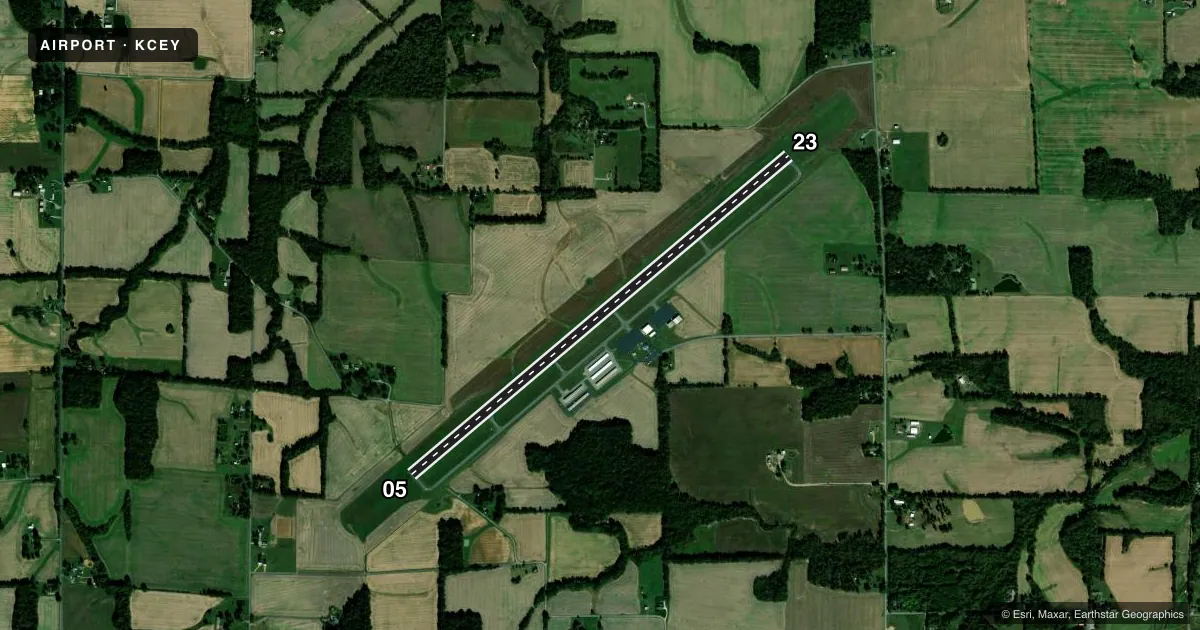 Top-down satellite sketch of KCEY KYLE-OAKLEY FLD in MURRAY, KENTUCKY, showing runways 05/23 drawn to scale over Esri World Imagery
