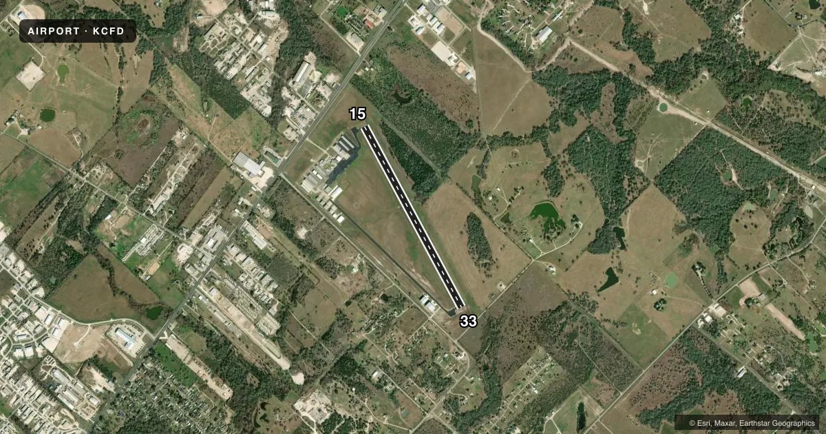 Top-down satellite sketch of KCFD COULTER FLD in BRYAN, TEXAS, showing runways 15/33 drawn to scale over Esri World Imagery