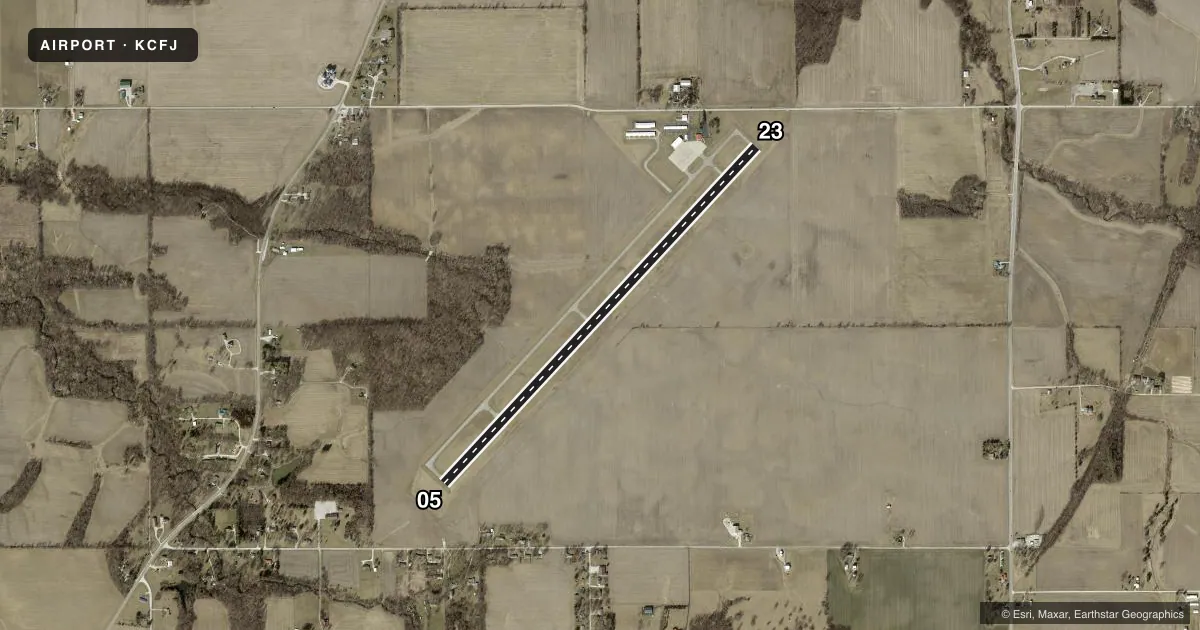 Top-down satellite sketch of KCFJ CRAWFORDSVILLE RGNL in CRAWFORDSVILLE, INDIANA, showing runways 05/23 drawn to scale over Esri World Imagery