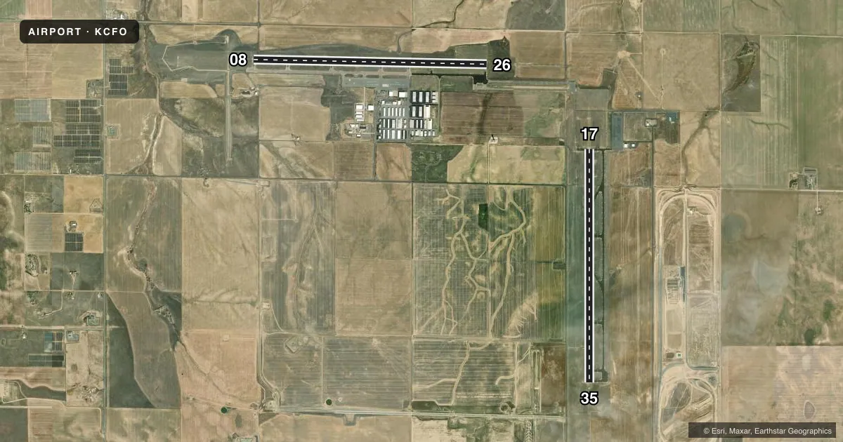 Top-down satellite sketch of KCFO COLORADO AIR AND SPACE PORT in DENVER, COLORADO, showing runways 08/26, 17/35 drawn to scale over Esri World Imagery
