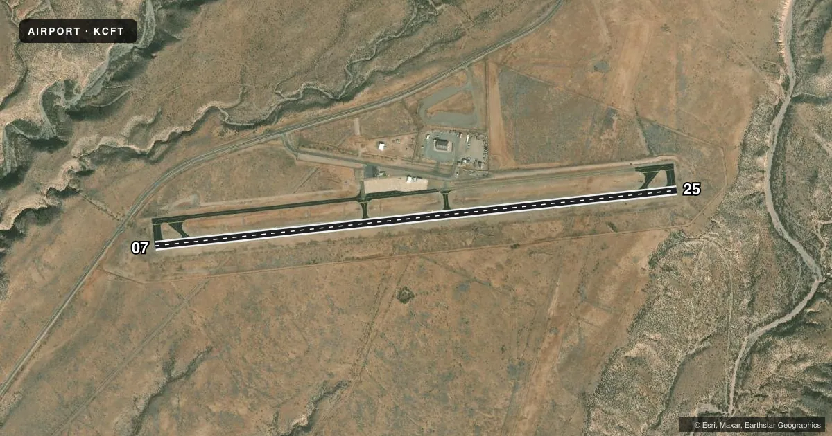 Top-down satellite sketch of KCFT GREENLEE COUNTY in CLIFTON/MORENCI, ARIZONA, showing runways 07/25 drawn to scale over Esri World Imagery