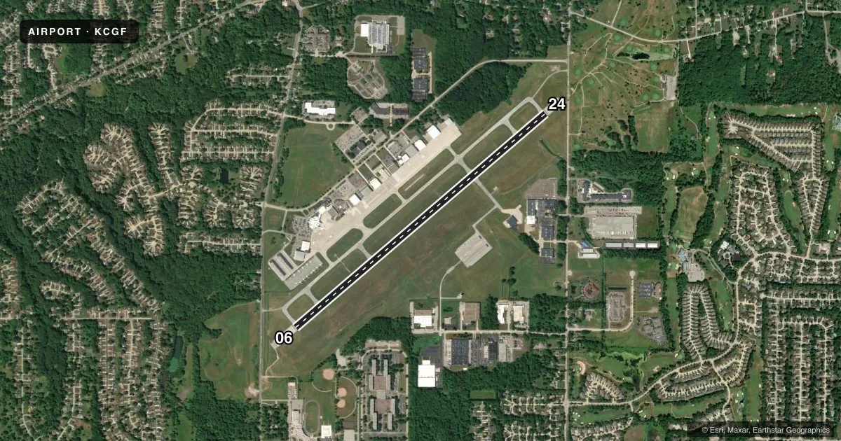 Top-down satellite sketch of KCGF CUYAHOGA COUNTY in CLEVELAND, OHIO, showing runways 06/24 drawn to scale over Esri World Imagery