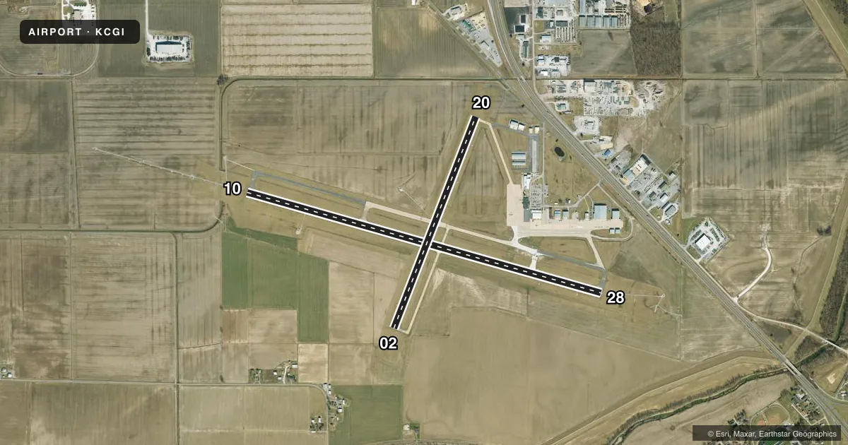 Top-down satellite sketch of KCGI CAPE GIRARDEAU RGNL in CAPE GIRARDEAU, MISSOURI, showing runways 10/28, 02/20 drawn to scale over Esri World Imagery