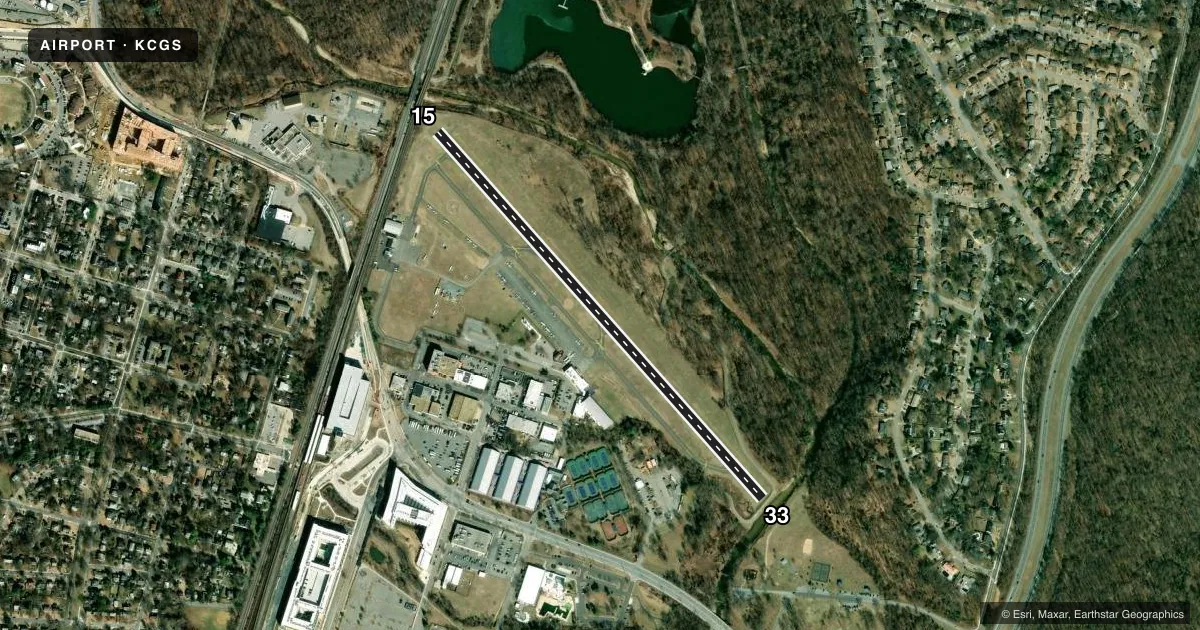 Top-down satellite sketch of KCGS COLLEGE PARK in COLLEGE PARK, MARYLAND, showing runways 15/33 drawn to scale over Esri World Imagery