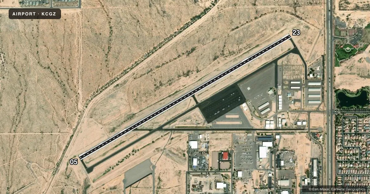 Top-down satellite sketch of KCGZ CASA GRANDE MUNI in CASA GRANDE, ARIZONA, showing runways 05/23 drawn to scale over Esri World Imagery